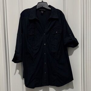 Lane Bryant Black Button Down 3/4 Roll Tab Sleeve Top - 22/24